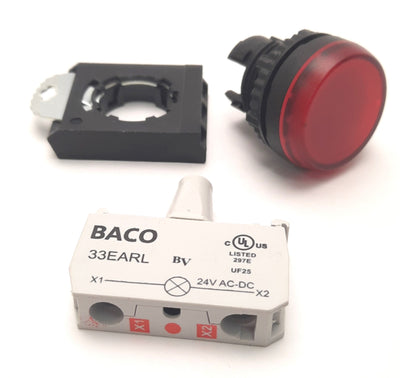 Used BACO L20SC10L Pilot Light With 33EARL 24v Light Block, Red, 24v AC/DC, 22mm
