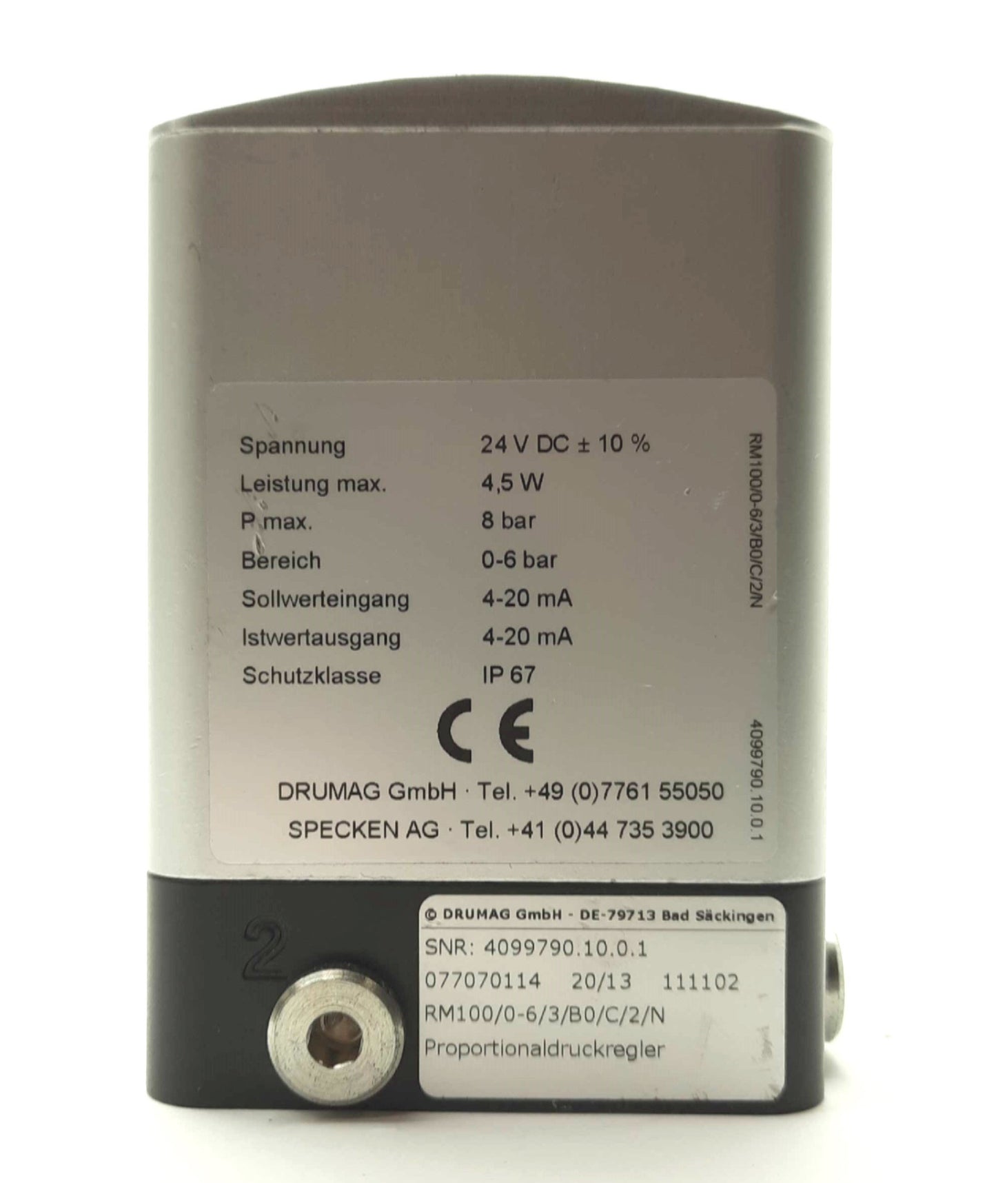 Used SPECKEN-DRUMAG RM100/0-6/3/B0/C/2/N Pressure Regulator, 0-6bar, 4-20mA, 24VDC