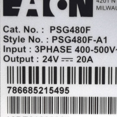 New Eaton PSG480F-A1 Power Supply, 480W, 3-Phase 400-500VAC 1.4A In, 24VDC 20A Out
