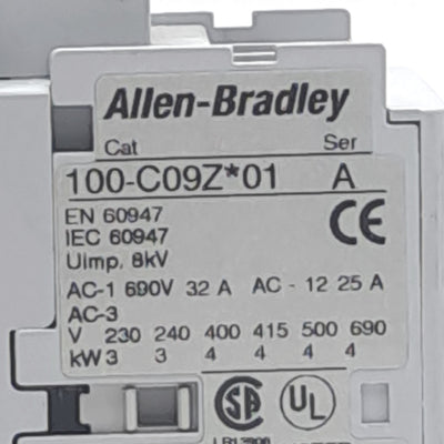 Used Allen Bradley 100-C09Z*01 100-FSD250 Contactor w/Surge Suppressor, 3x NO 1x NC