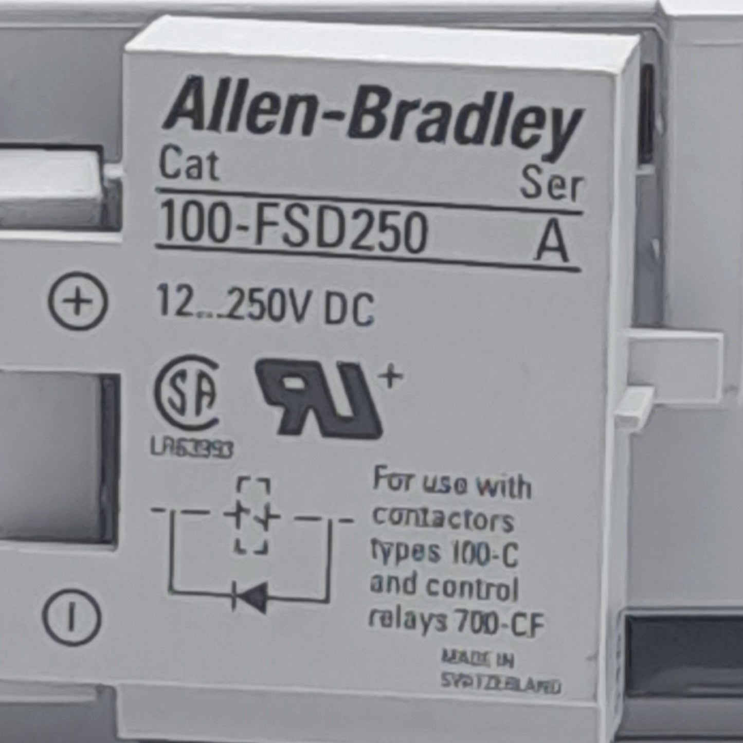 Used Allen Bradley 100-C09Z*01 100-FSD250 Contactor w/Surge Suppressor, 3x NO 1x NC