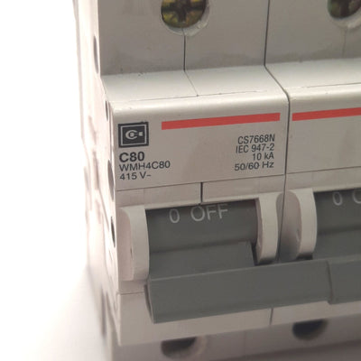 Used Cutler Hammer WMH4C80 Circuit Breaker 4-Pole, Rating: 415VAC 80A, DIN Rail Mount