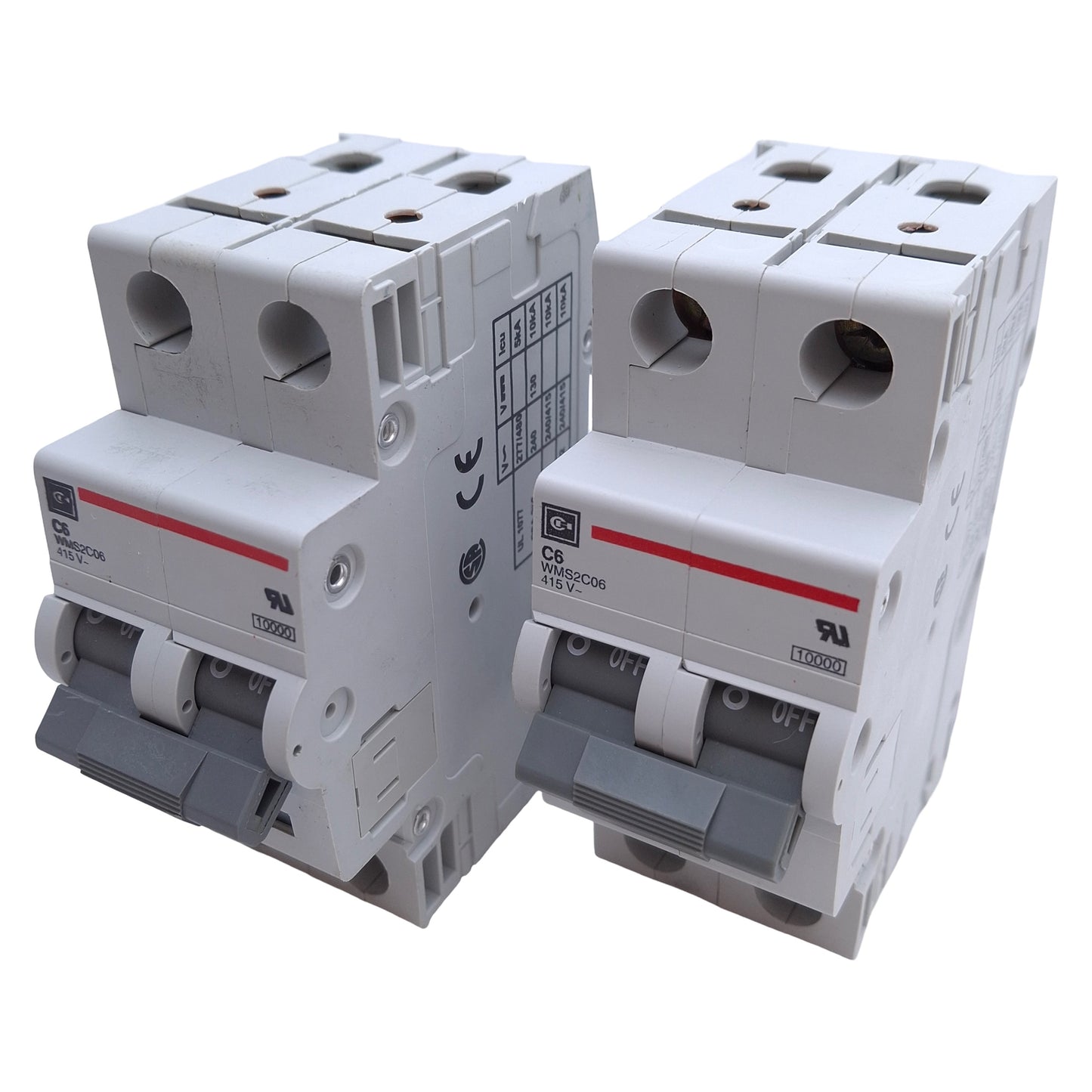 Used Lot of 2 Cutler Hammer WMS2C06 Circuit Breakers, 2-Pole, 415v AC, 6A, DIN Mount