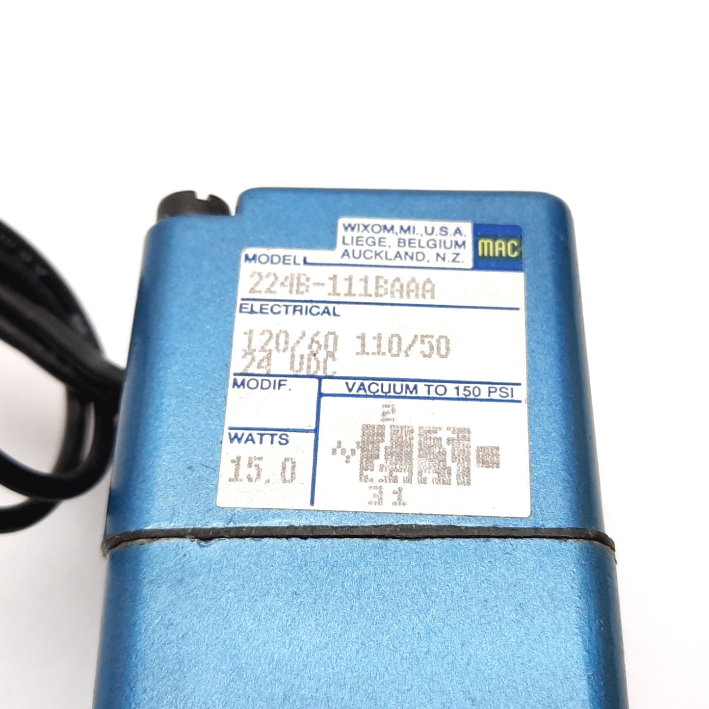 Used Mac 224B-111BAAA Solenoid Valve, 2-Position 3-Port, 110-120VAC, 1/8" NPT