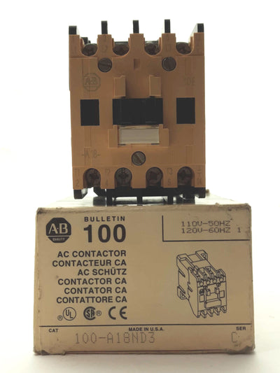 Used Allen Bradley 100-A18ND3 Contactor, 3-Pole w/ NO Aux, 600VAC 18A, 120VAC Coil