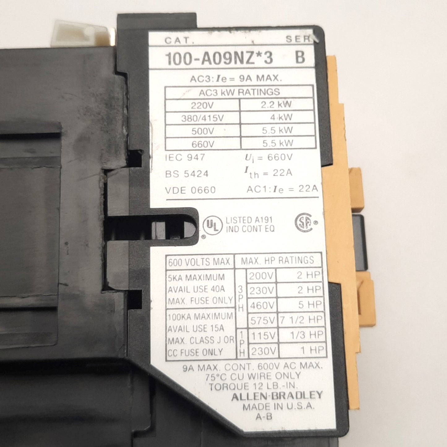 Used Allen Bradley 100-A09NZ243 Contactor, 3-Pole, 9A 600v AC, 24v DC Coil