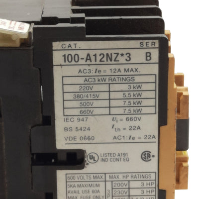 Used Allen Bradley 100-A12NZ243 Contactor, 3-Pole, 12A 600V AC, 24V DC Coil