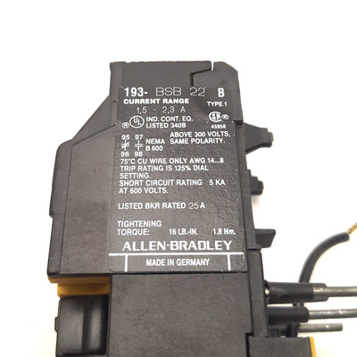 Used Allen-Bradley 193-BSB 22 B Overload Relay, 1.5-2.3Amp Range, 660V 10A Max