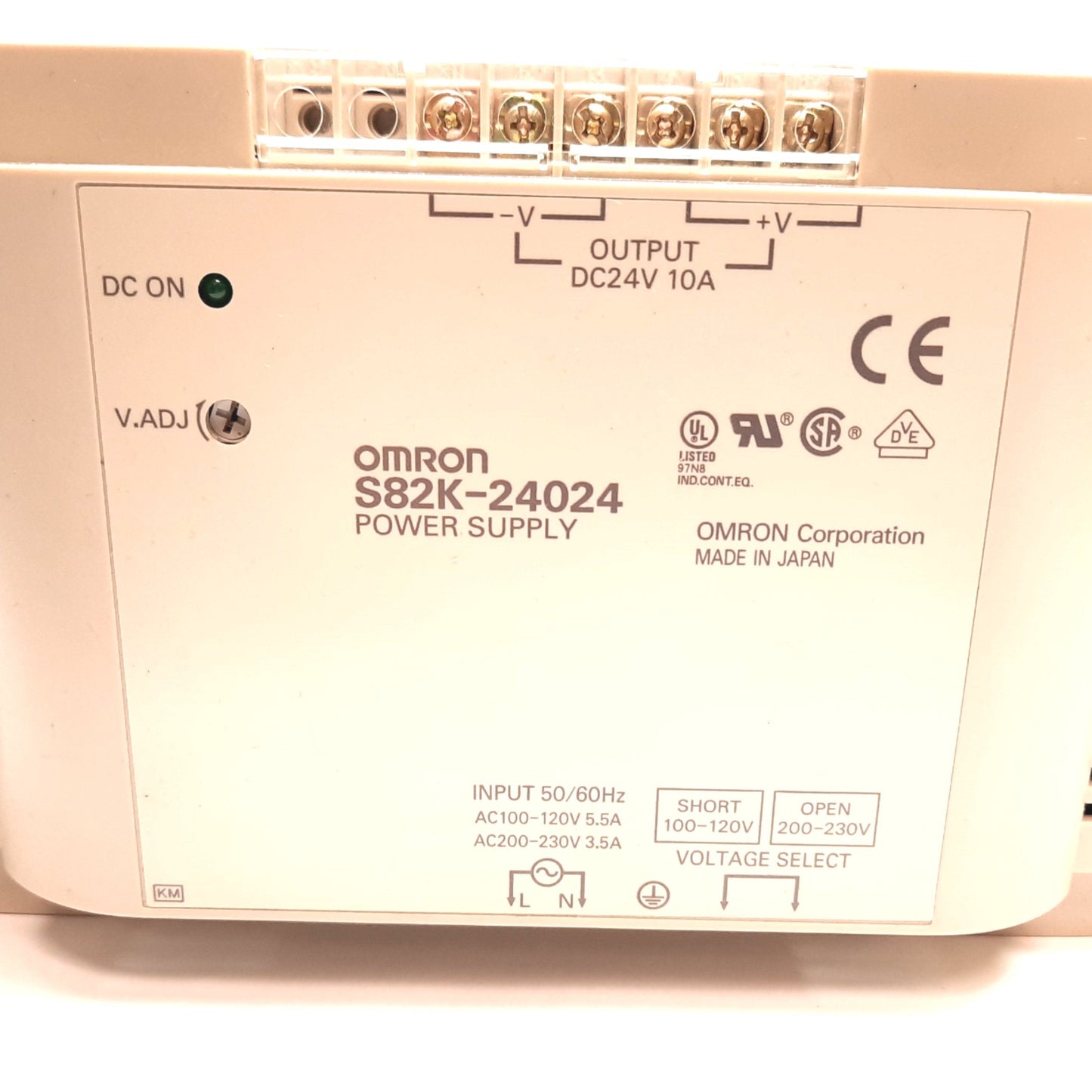 Used Omron S82K-24024 Power Supply, Input: 100-120/200-230VAC, Output: 24VDC 10A