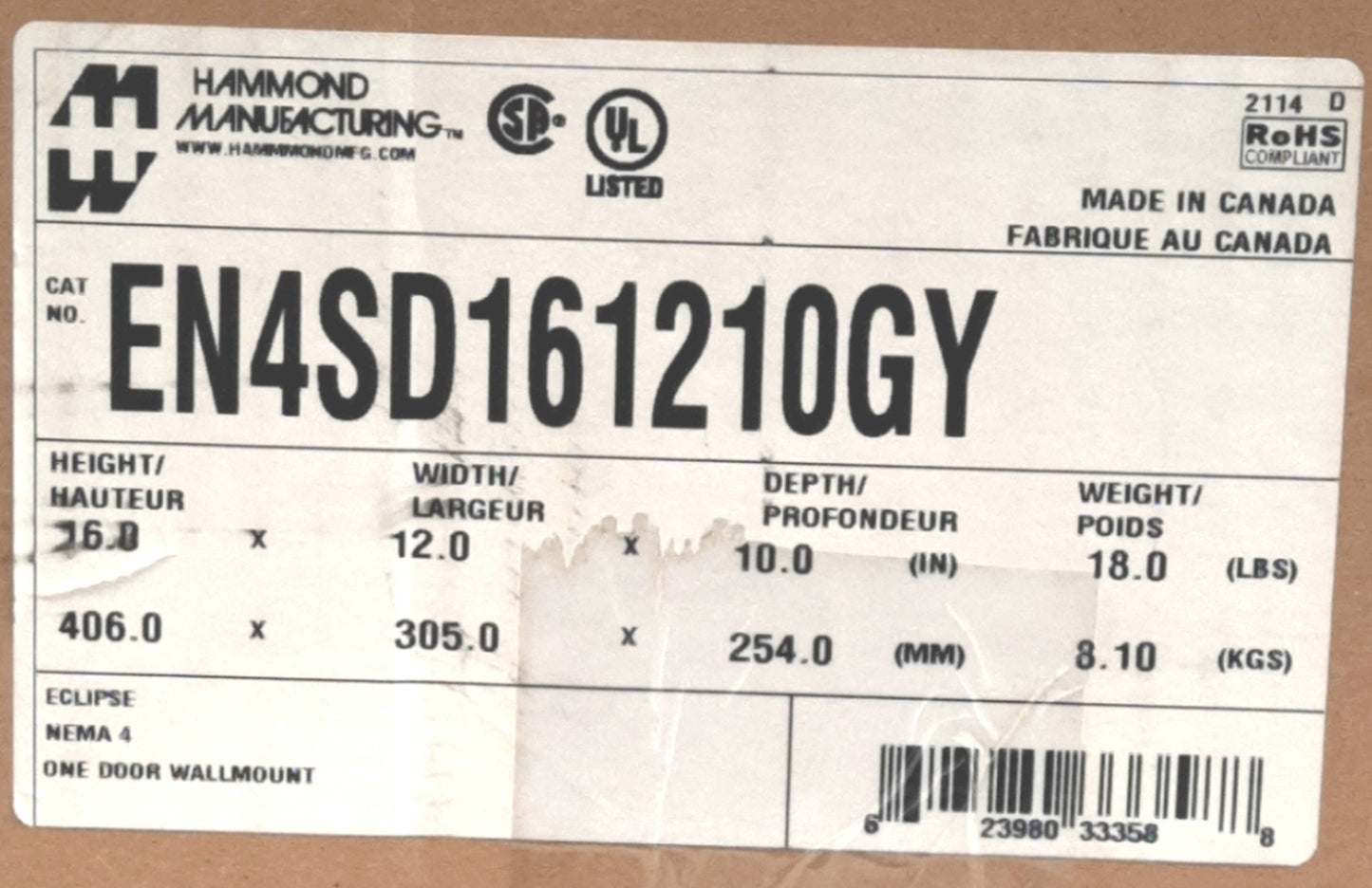 New Hammond EN4SD161210GY Steel Gray Electrical Enclosure, 16" x 12" x 10" NEMA 4