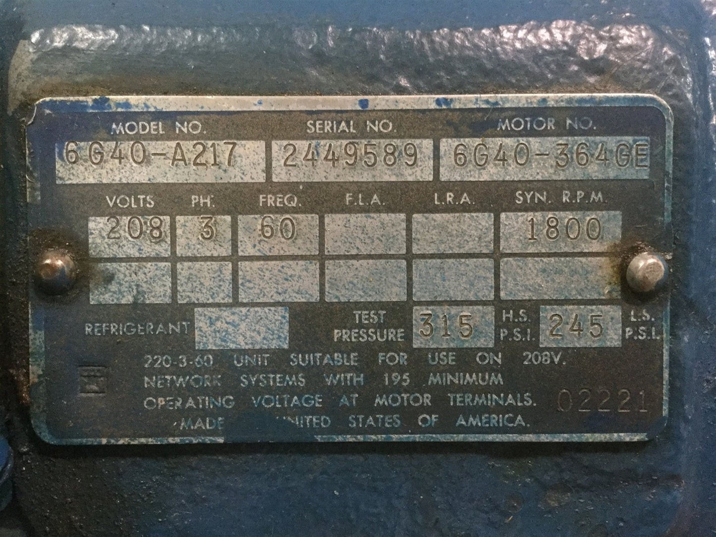 Used Carrier Model 06G Reciprocating Semi-Hermetic Compressor 208VAC 3-Ph, 15HP