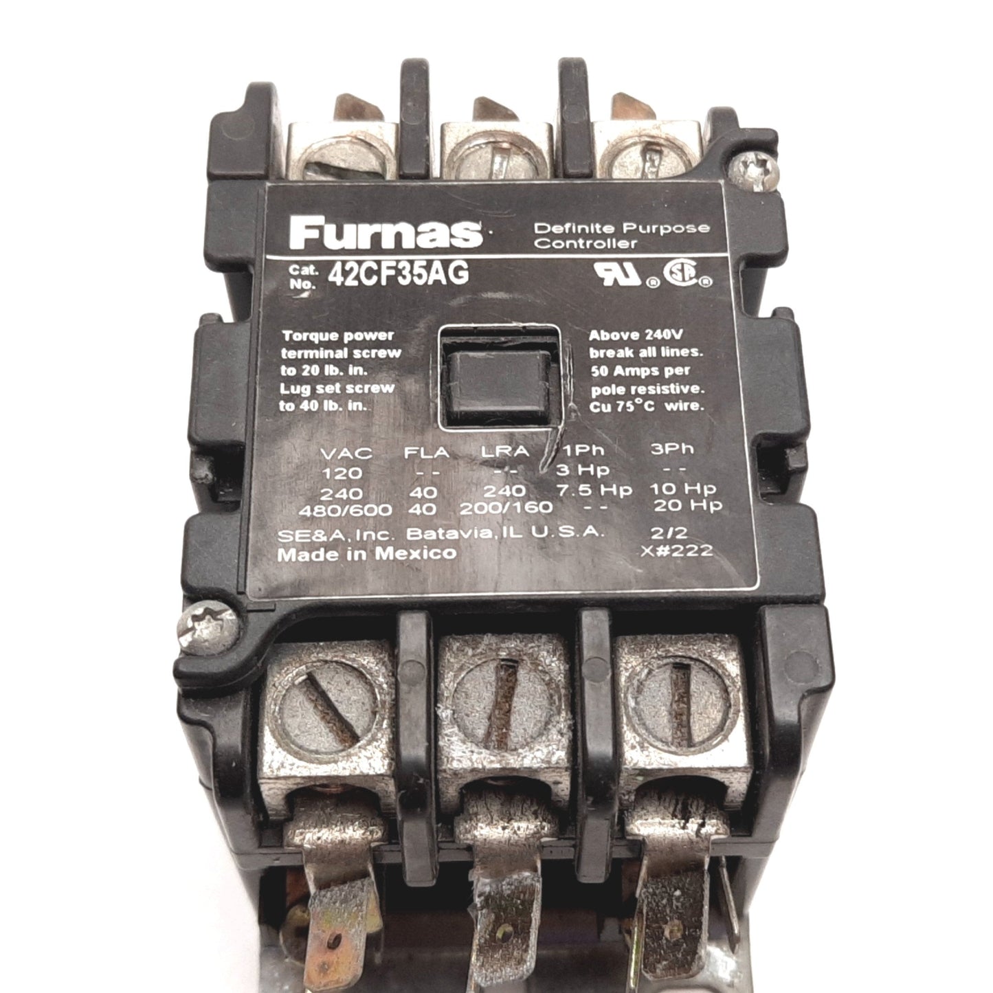 Used Furnas 42CF35AG Contactor, 3-Pole, Coil: 190-220/208-240VAC, Contact: 40A 600VAC
