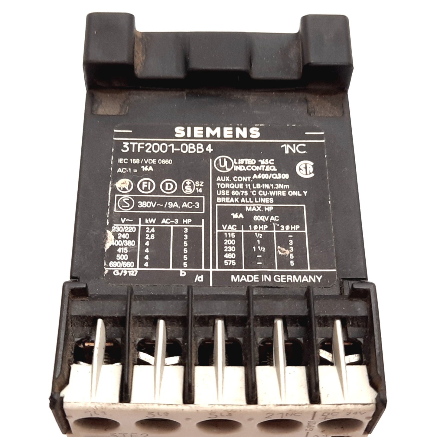 Used Siemens 3TF2001-0BB4 Contactor Relay, Control Voltage: 24VDC, Rating: 600VAC 16A