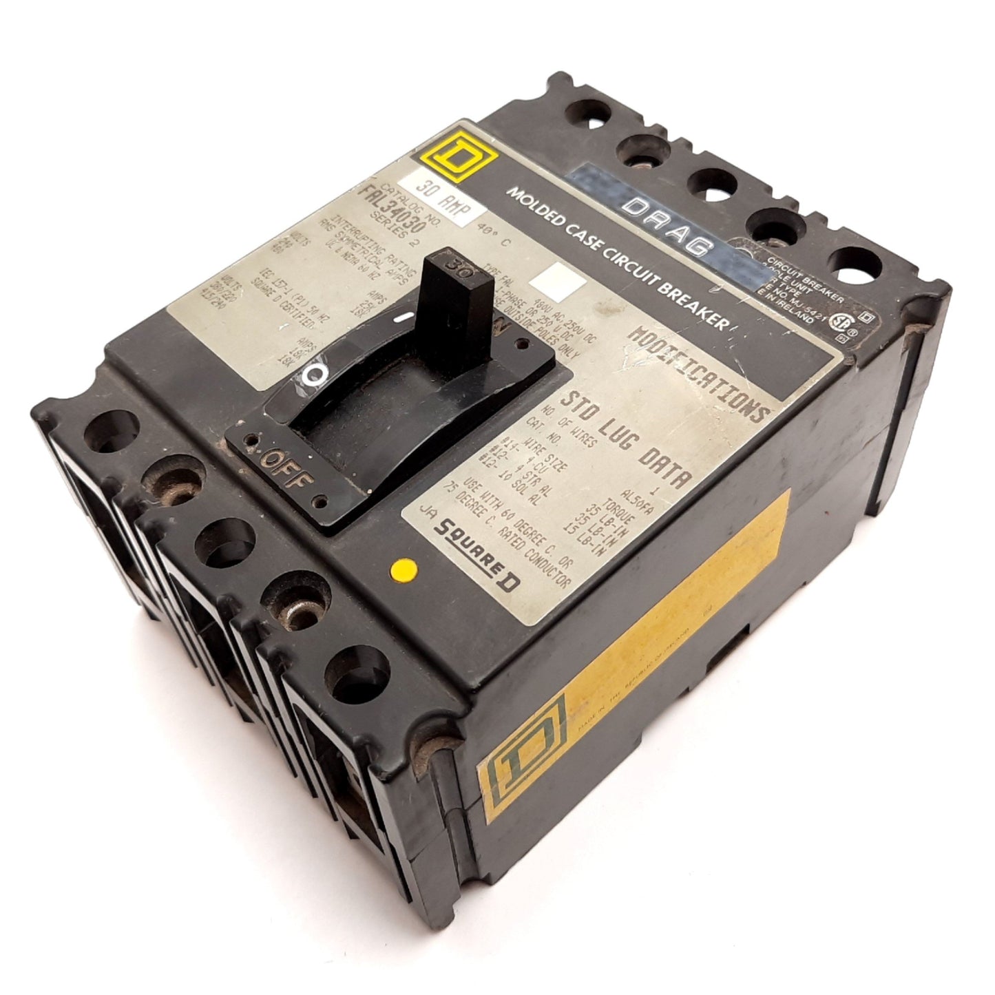 Used Square D FAL34030 Molded Case Circuit Breaker, 3-Pole, Rating: 30A 480VAC/250VDC