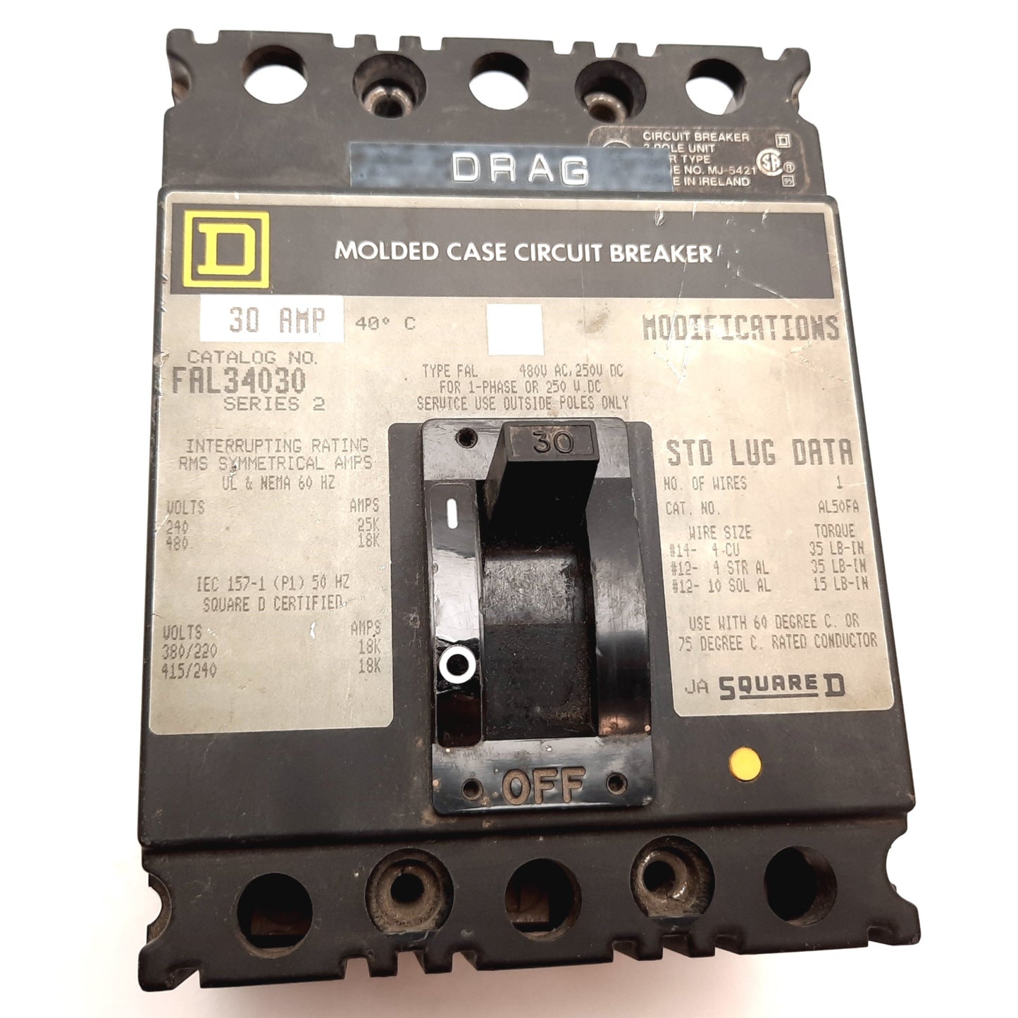 Used Square D FAL34030 Molded Case Circuit Breaker, 3-Pole, Rating: 30A 480VAC/250VDC