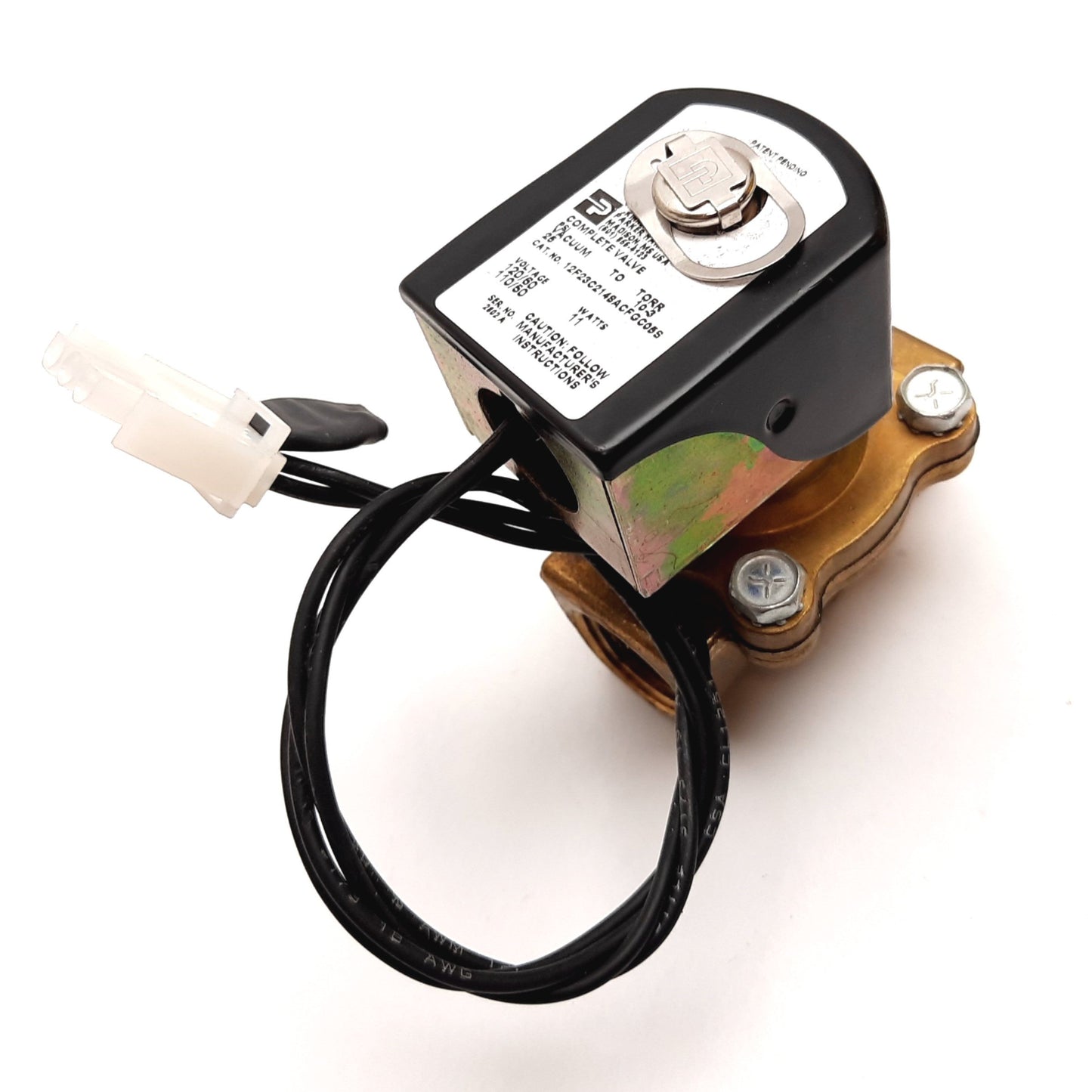 Used Parker 12F23C2148ACFGC05S Vacuum Solenoid Valve, 110/120VAC, 25psi to 10-3 Torr