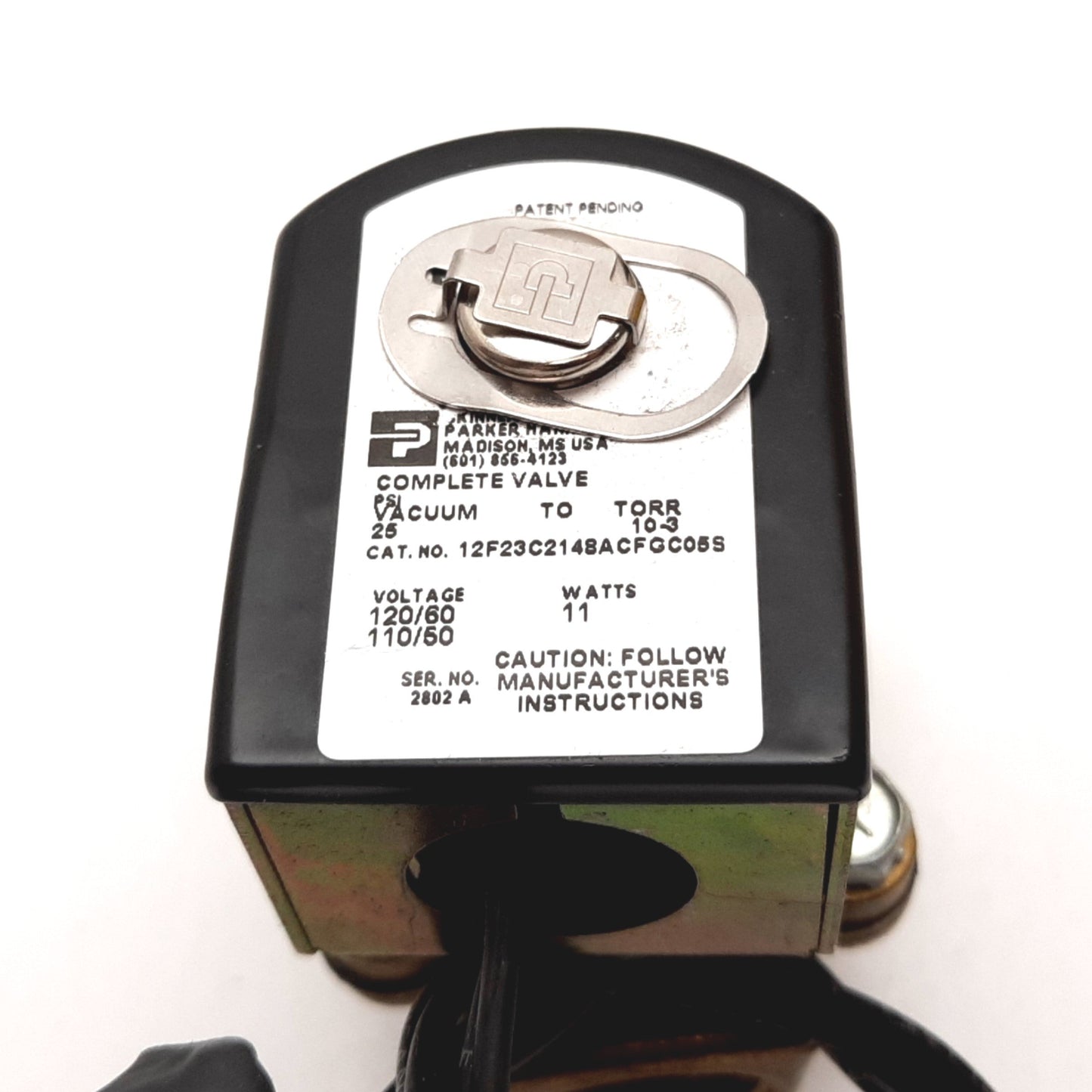 Used Parker 12F23C2148ACFGC05S Vacuum Solenoid Valve, 110/120VAC, 25psi to 10-3 Torr