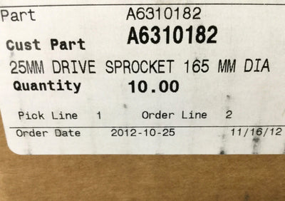 New – Open box Scanbelt A6310182 Conveyor Sprocket 10-Tooth Ø165mm, Stainless Ø25mm Drive Hub