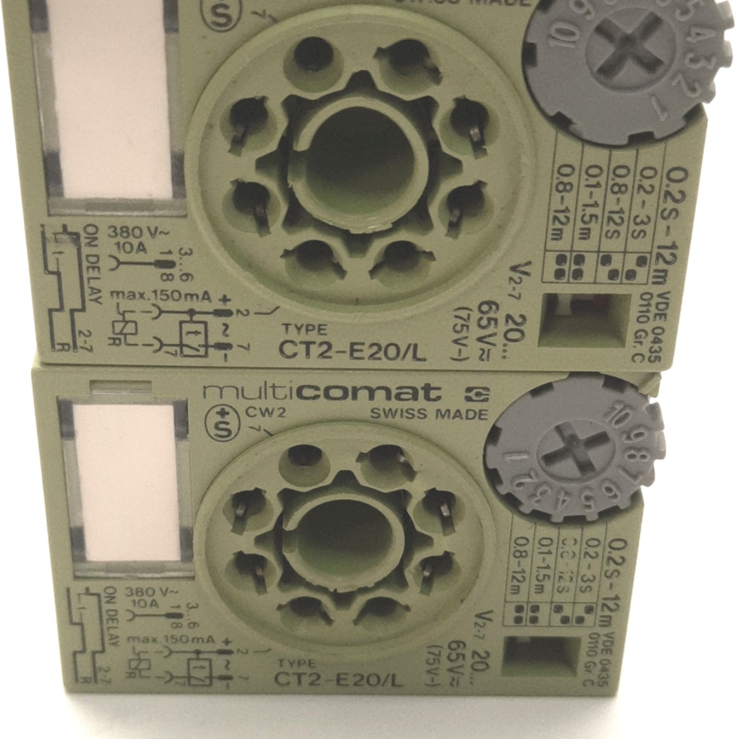 Used Lot of 2 Multicomat CT2-E20/L Timed Delay Relay Cube/Socket, 10A 380V, 0.2S-12M