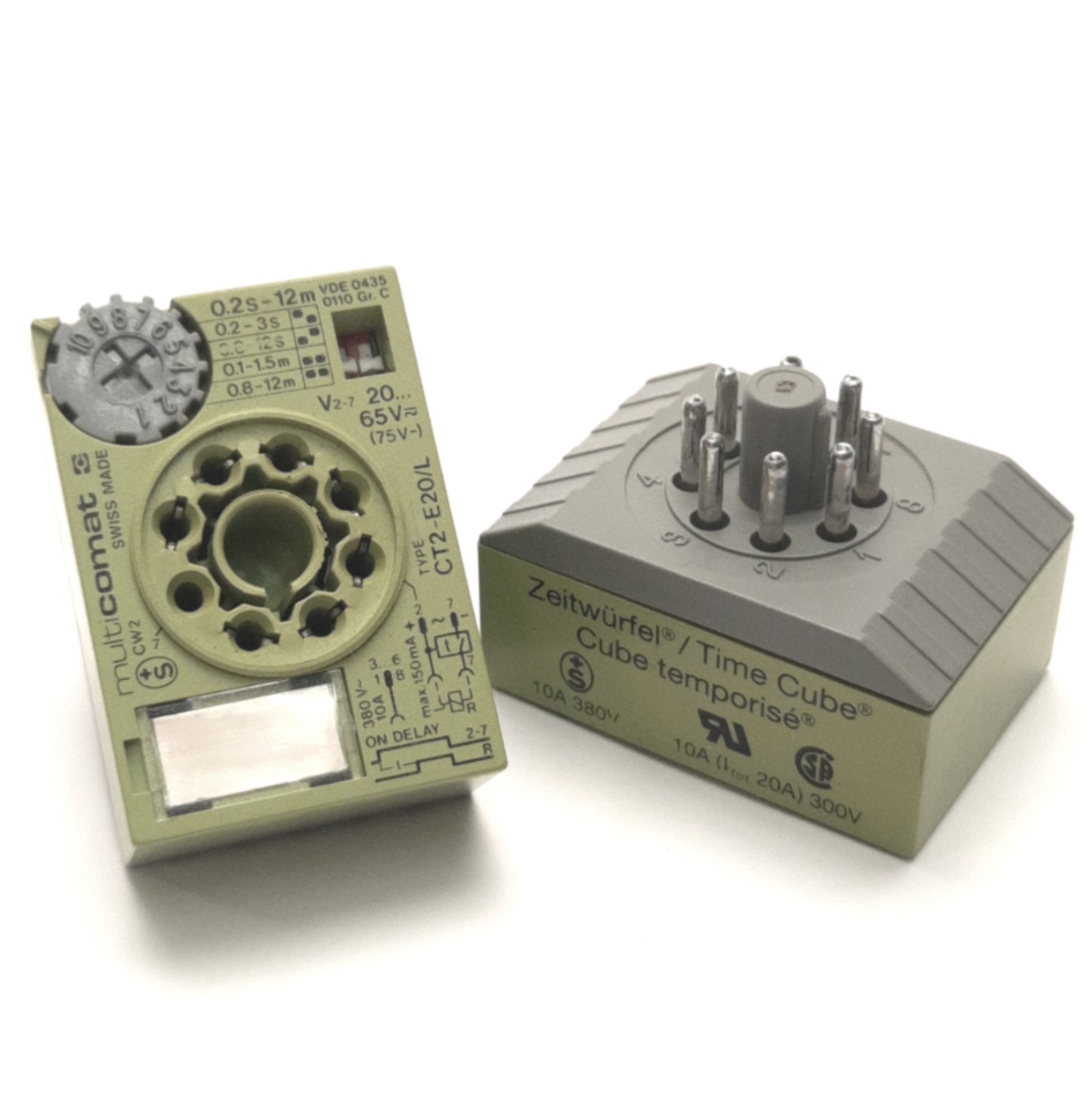Used Lot of 2 Multicomat CT2-E20/L Timed Delay Relay Cube/Socket, 10A 380V, 0.2S-12M