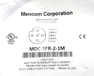 New Lot of 3 Mencom MDC-5FR-2-1M Panel Mount Connector 5-Pin Female M12, 1m