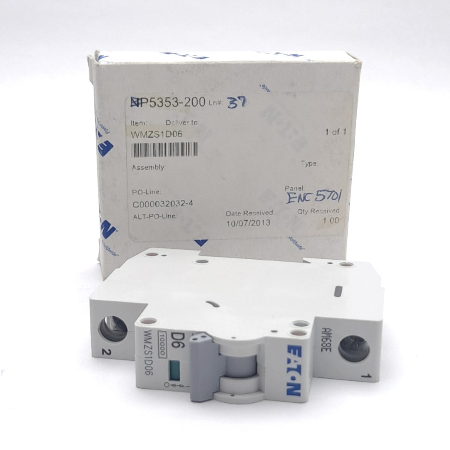 New Eaton WMZS1D06 Circuit Breaker, 6A, 277VAC, Single Pole D-Curve, DIN Rail Mount