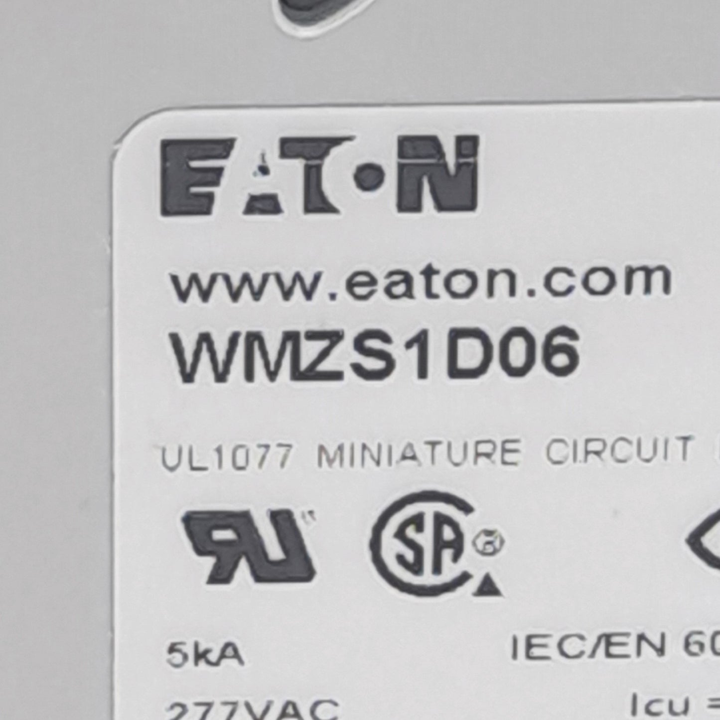 New Eaton WMZS1D06 Circuit Breaker, 6A, 277VAC, Single Pole D-Curve, DIN Rail Mount