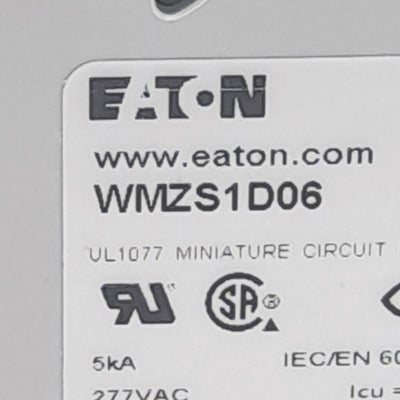 New Eaton WMZS1D06 Circuit Breaker, 6A, 277VAC, Single Pole D-Curve, DIN Rail Mount