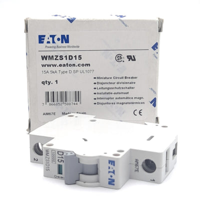 New Eaton WMZS1D15 Circuit Breaker, 15A, 277VAC, Single Pole Type D, DIN Rail Mount