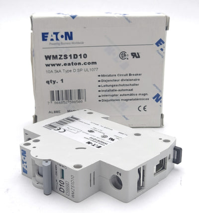 New Eaton WMZS1D10 Circuit Breaker, 277VAC, 10A, DIN Rail Mount, Single Pole Type D