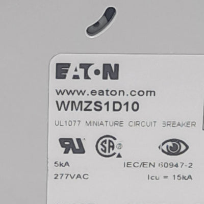 New Eaton WMZS1D10 Circuit Breaker, 277VAC, 10A, DIN Rail Mount, Single Pole Type D