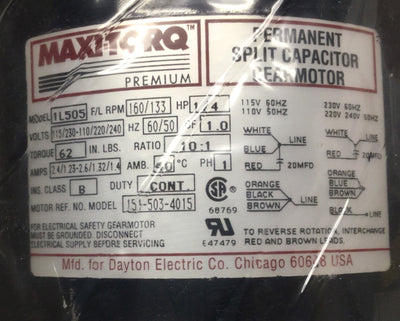 New Dayton 1L505 Maxi-Torq Permanent Split Cap Gearmotor 160RPM, 115/230VAC, 1/4HP