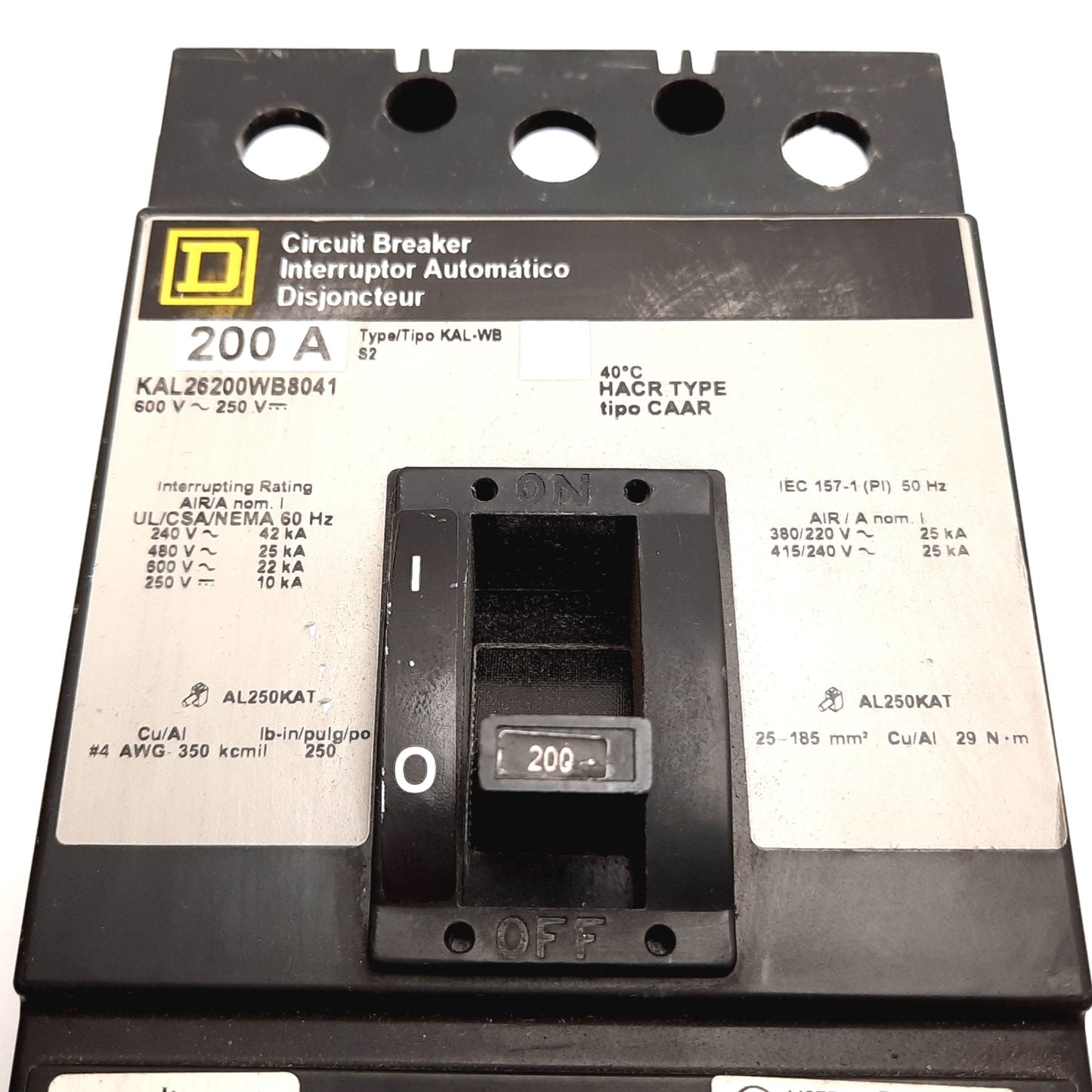 Used Square D KAL26200WB8041 Circuit Breaker, 2-Pole, Rating: 200A 600VAC 250VDC