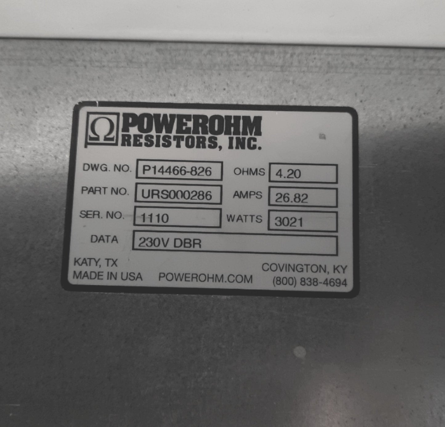 New – Open box Powerohm URS000286 Braking Resistor, 600V 26.8A, 3021W, 4.2 Ohms, GCE8