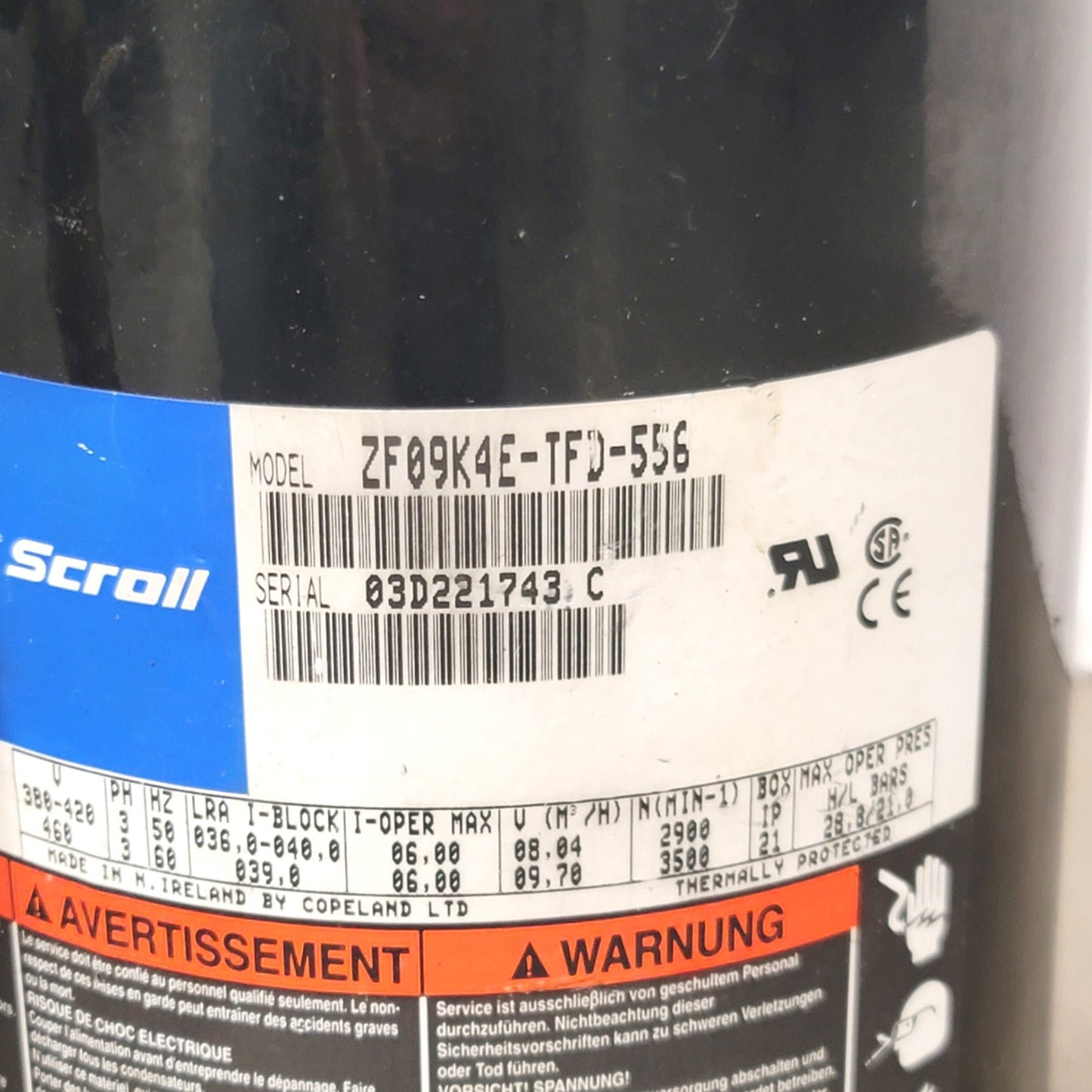 Used Emerson ZF09K4E-TFD-556 Copeland Low Temperature Scroll Compressor 3HP, 460VAC