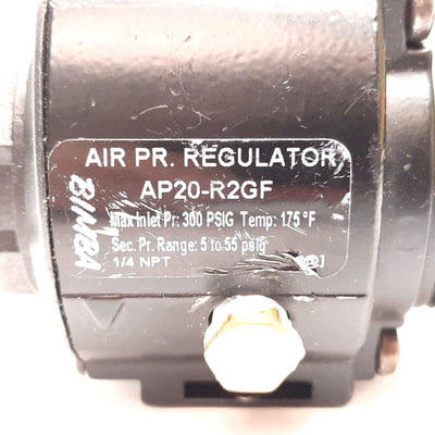 Used Bimba AP20-R2GF Pressure Regulator, Input: 300psi Max, Output: 5-55psi, 1/4" NPT