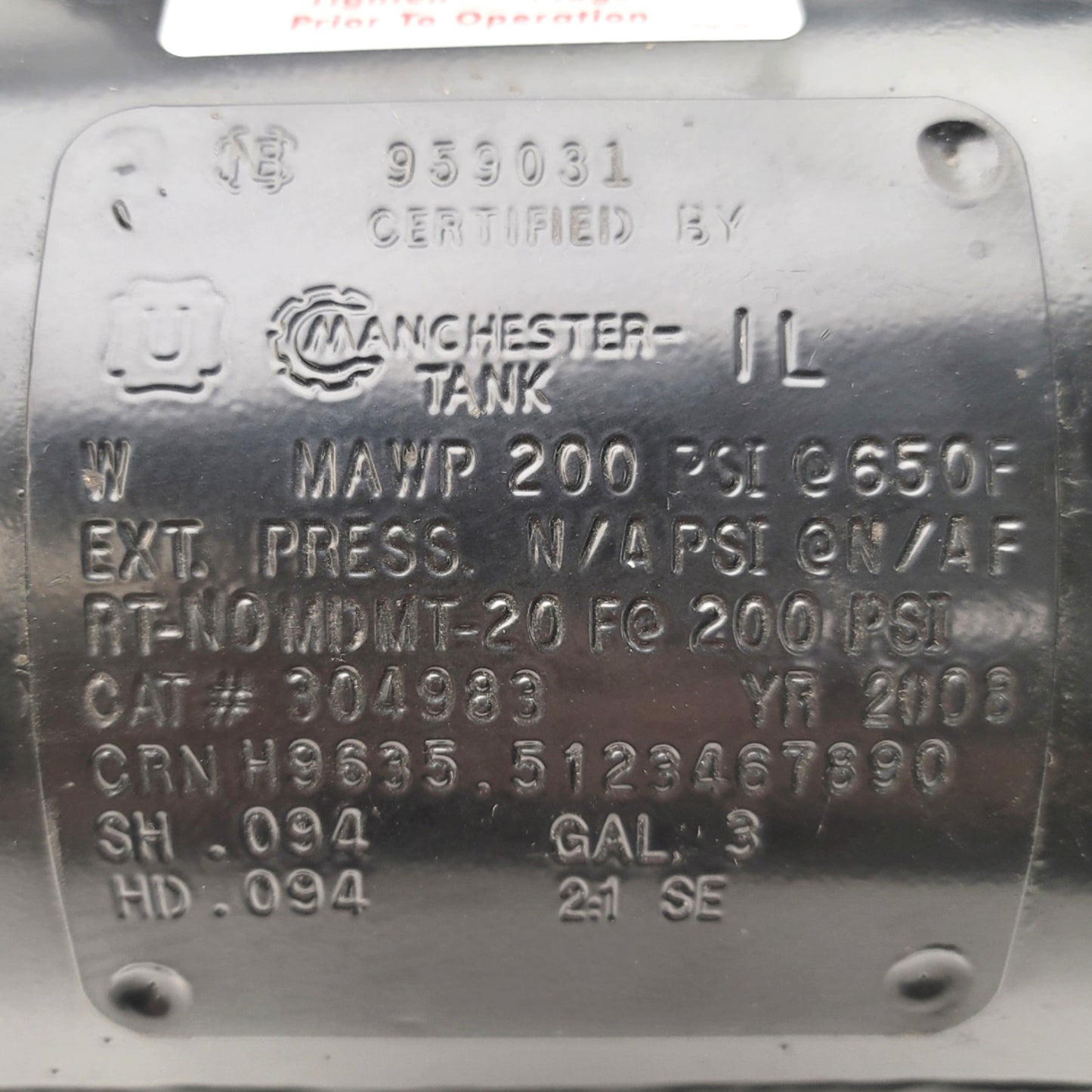 Used Manchester Tank 304983 Universal Horizontal Air Receiver, 3 Gallons, 200PSI