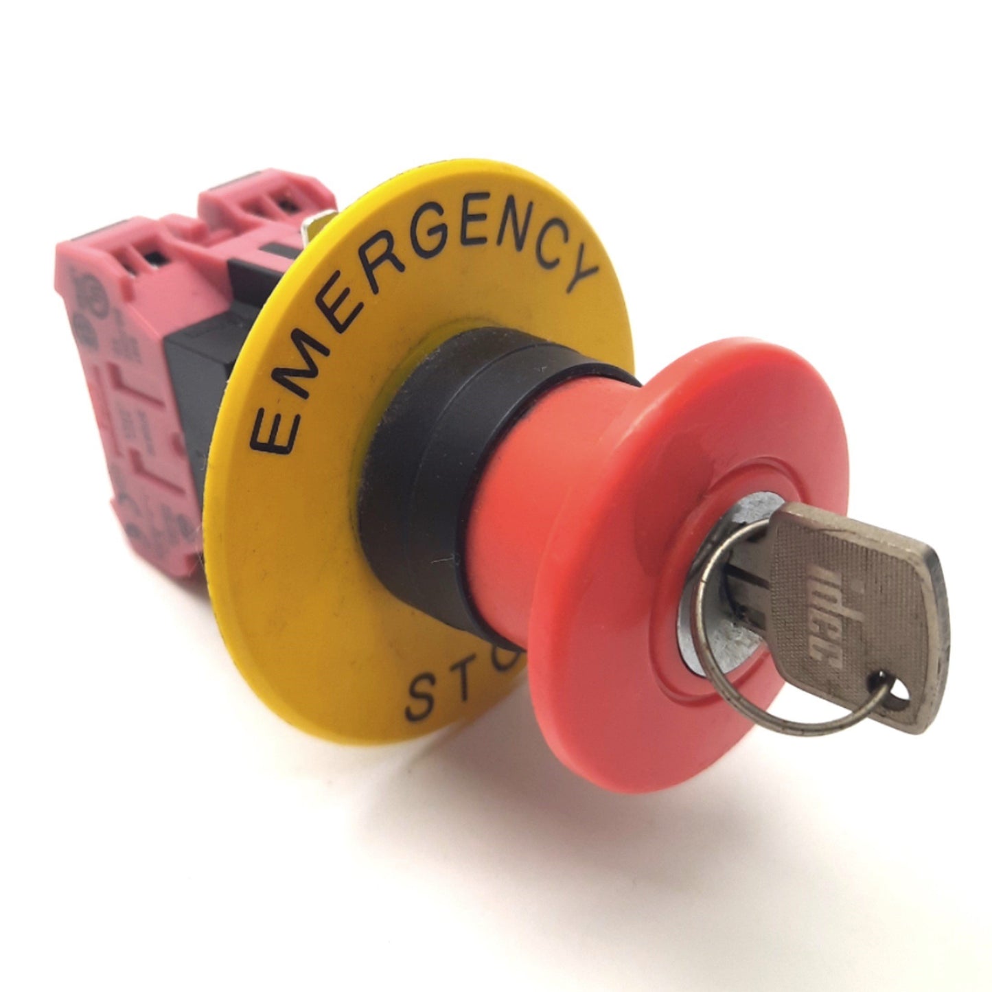Used Idec HW1B-X4F02-R E-Stop Switch, 40mm, Key Reset, 2NC, (Emergency Stop) Legend