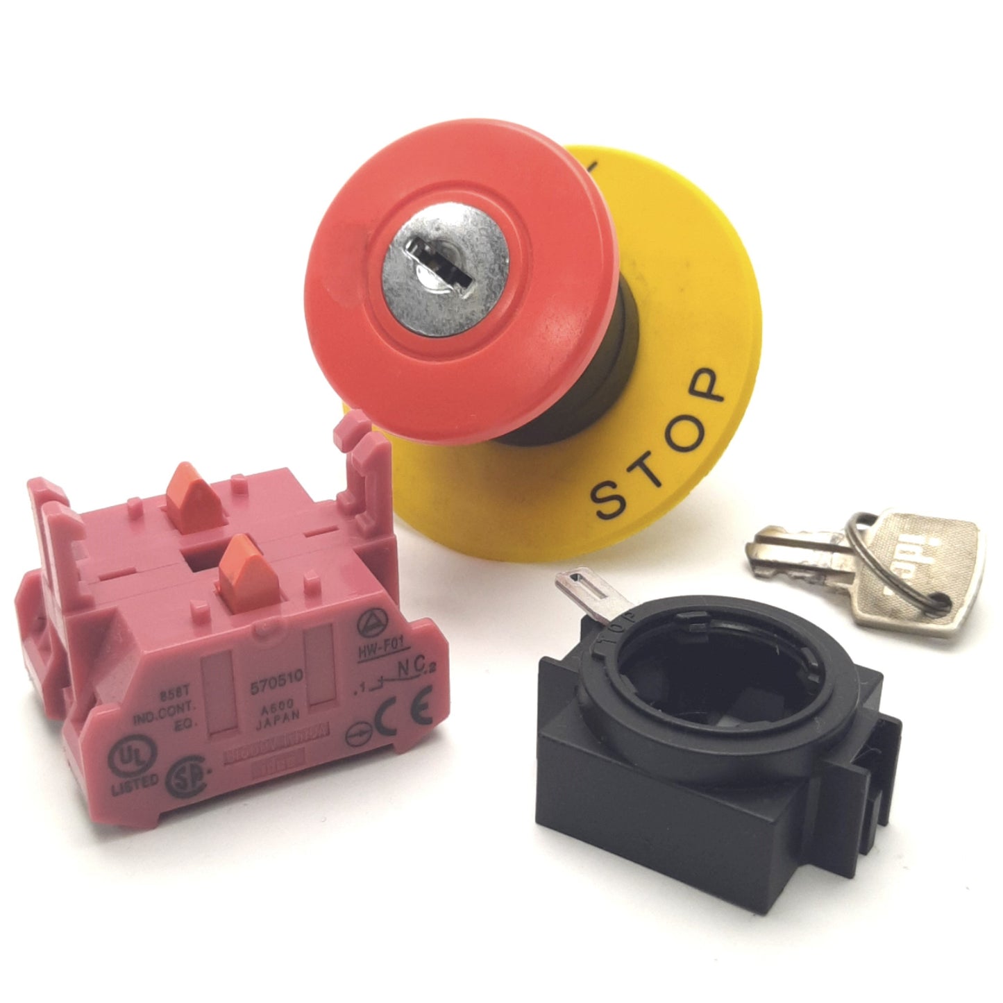 Used Idec HW1B-X4F02-R E-Stop Switch, 40mm, Key Reset, 2NC, (Emergency Stop) Legend