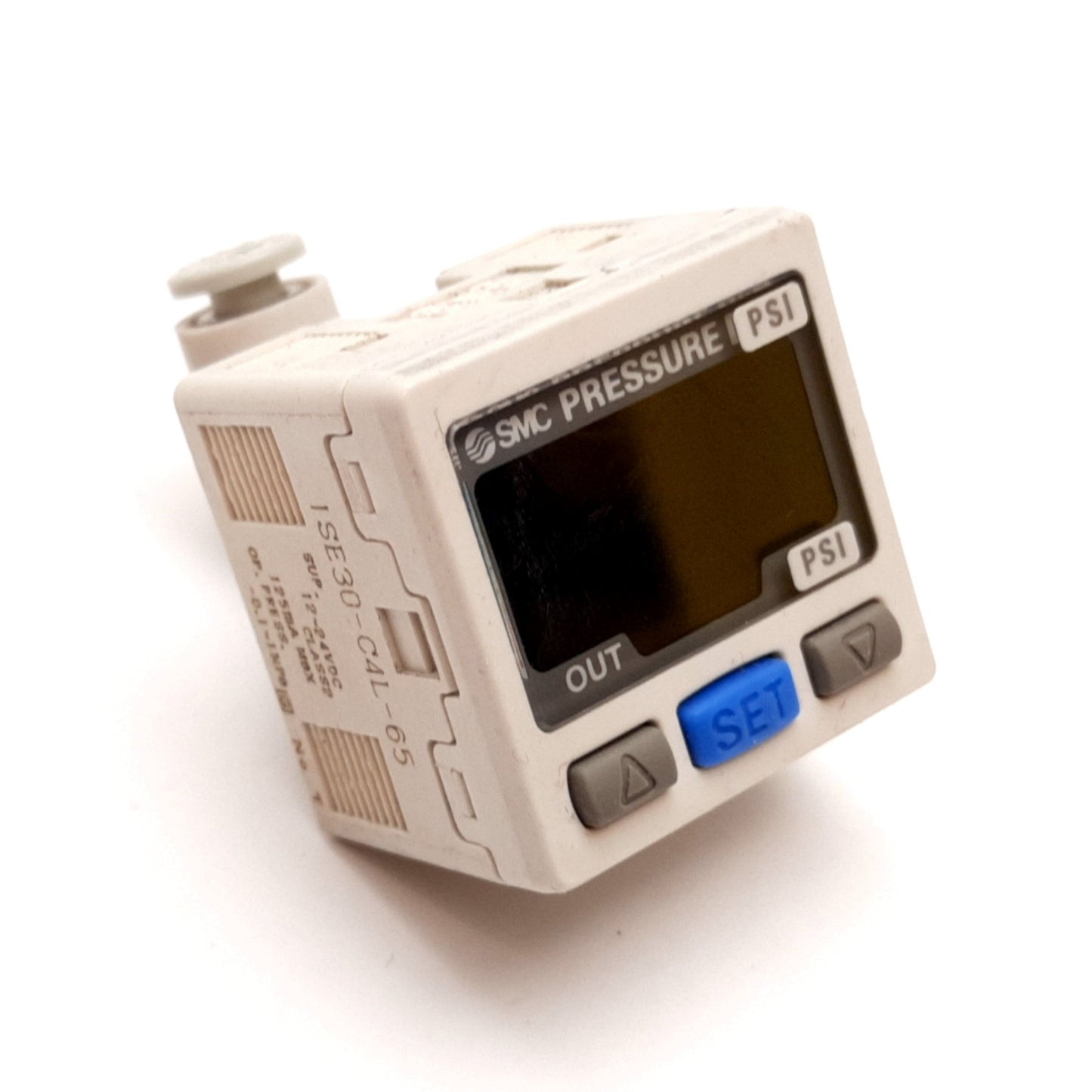 Used SMC ISE30-C4L-65 Pressure Switch, -0.1 to 1.0MPa, 12-24VDC, 4mm Push Connect