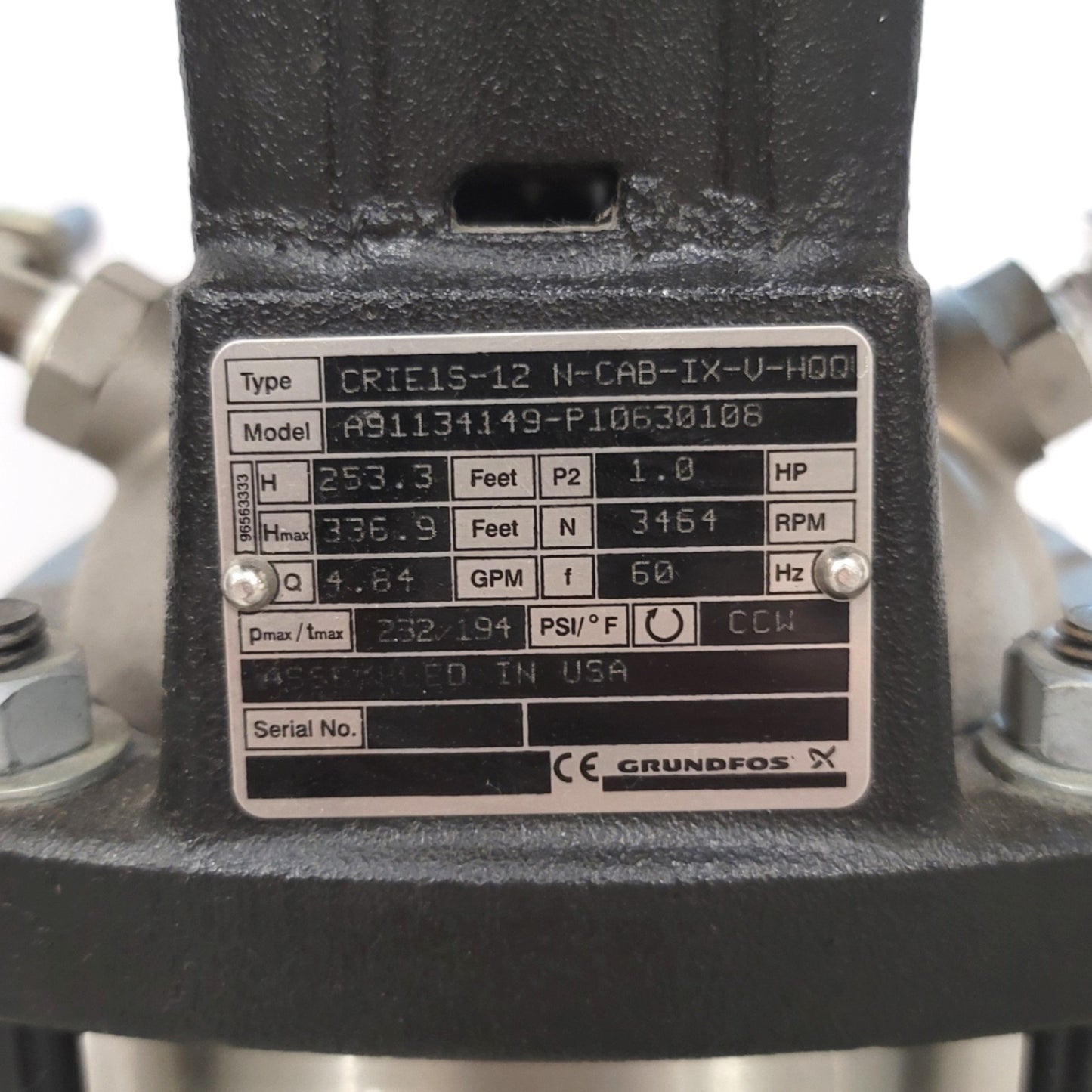 Used Grundfos CRIE 1S-12 Centrifugal Pump 4.84GPM 1"NPT w/ MLE Motor 1HP 208-230VAC