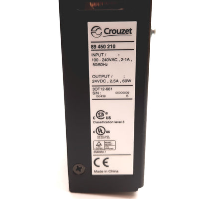 New – Open box Crouzet 89 450 210 Power Supply, Input: 100-240VAC 2-1A, Output: 24VDC 2.5A 60W