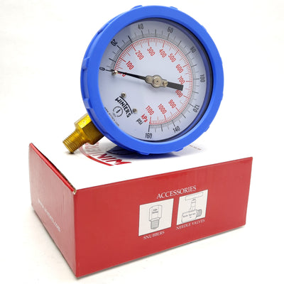 New – Open box Winters PCC605C-4Y Pressure Gauge, 1/4" NPT M Bottom, 0~160Psi Max, 4" Face