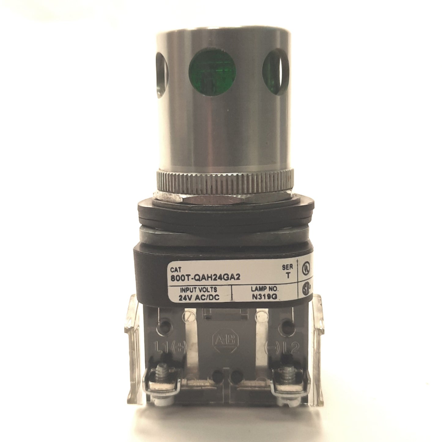 Used Allen Bradley 800T-QAH24GA2 Illuminated Pushbutton, w/Guard, Green, 24v AC/DC