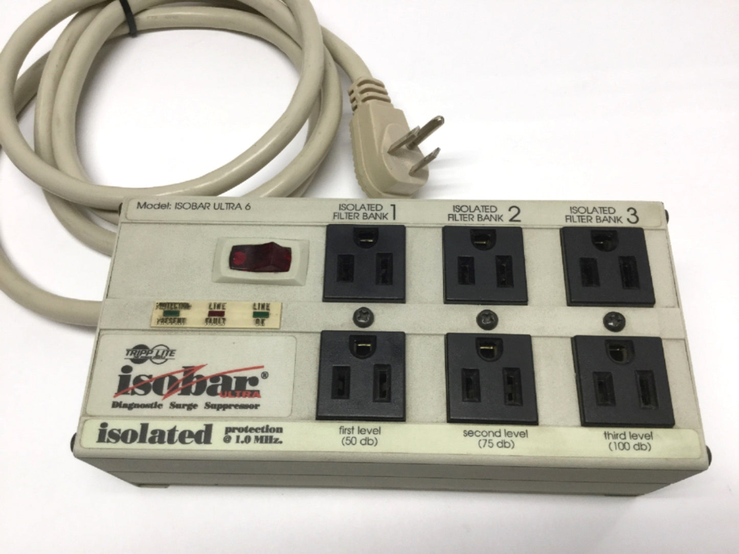 Used Tripp Lite ISOBAR 6 ULTRA Diagnostic Surge Suppressor, 6-Outlet, 120VAC, 12A