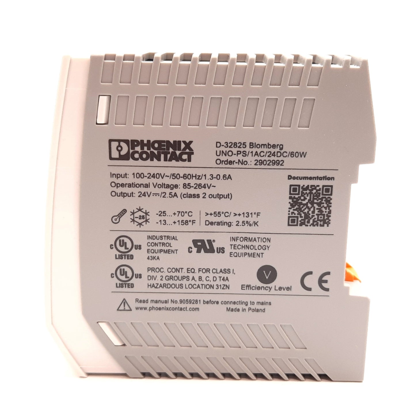 Used Phoenix Contact UNO-PS/1AC/24DC/60W Power Supply, In: 100-240VAC, Out: 24VDC