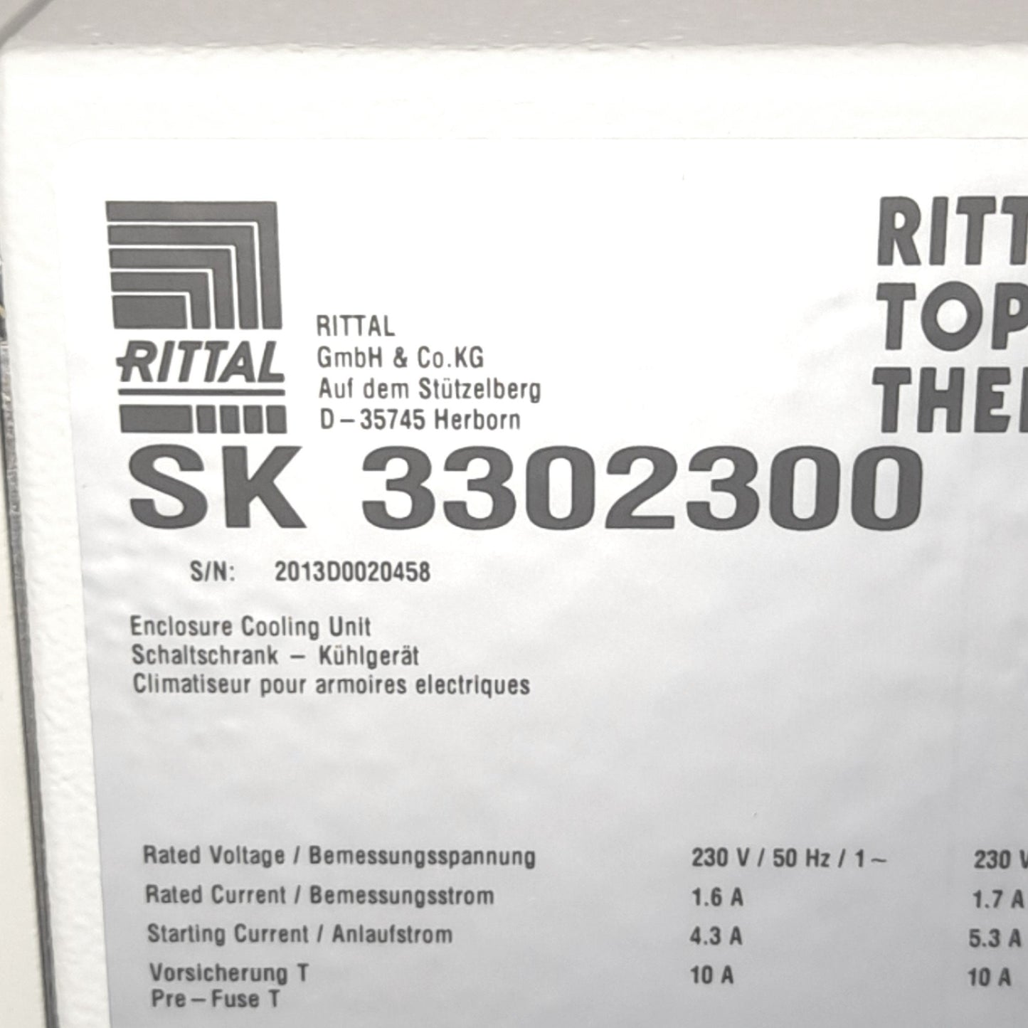 New Rittal SK 3302.300 Top Therm Cooling Unit, 230V, 1.7A Max, 300W, 20-55°C