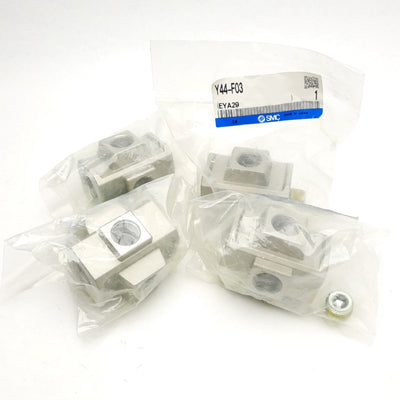 New – Open box Lot of 4 SMC Y44-F03 AC Series Cross Spacer, 4x 3/8" G, 2-1/2" x 2-1/4" x 1-1/2"