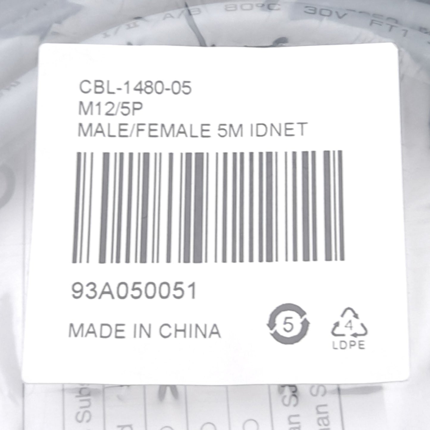 New Datalogic CBL-1480-05 93A050051 ID Net Cable M12/5P Male to Female Length 5M