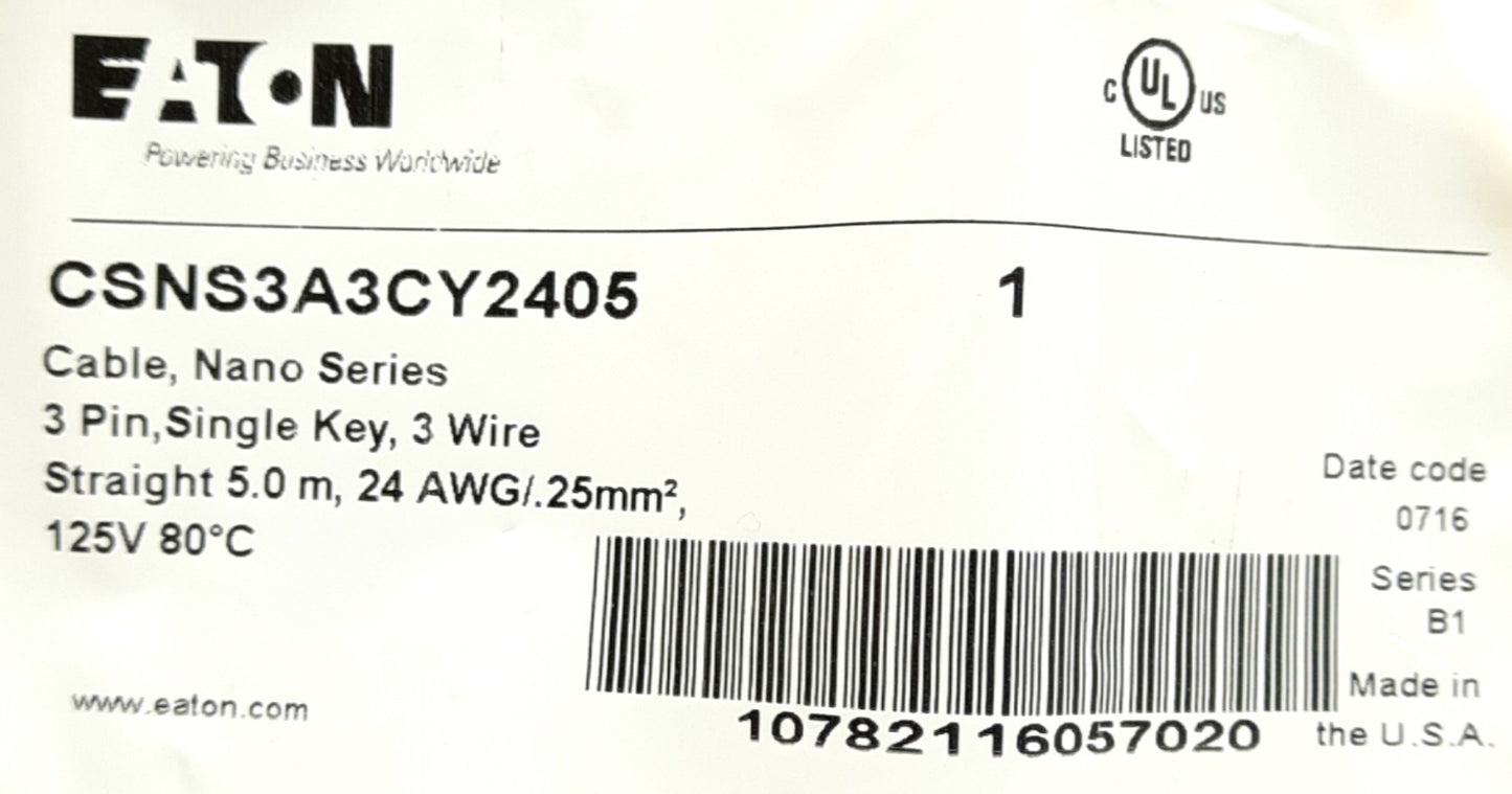 New Eaton CSNS3A3CY2405 Connector/Sensor Cable, M8 3-Pin Female to Flying Leads , 5m